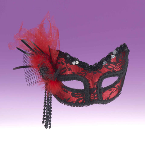 Red with Black Lace and Feather Eyemask - Rubies Costumes & Accessories - HalloweenCostumes4U.com - Accessories
