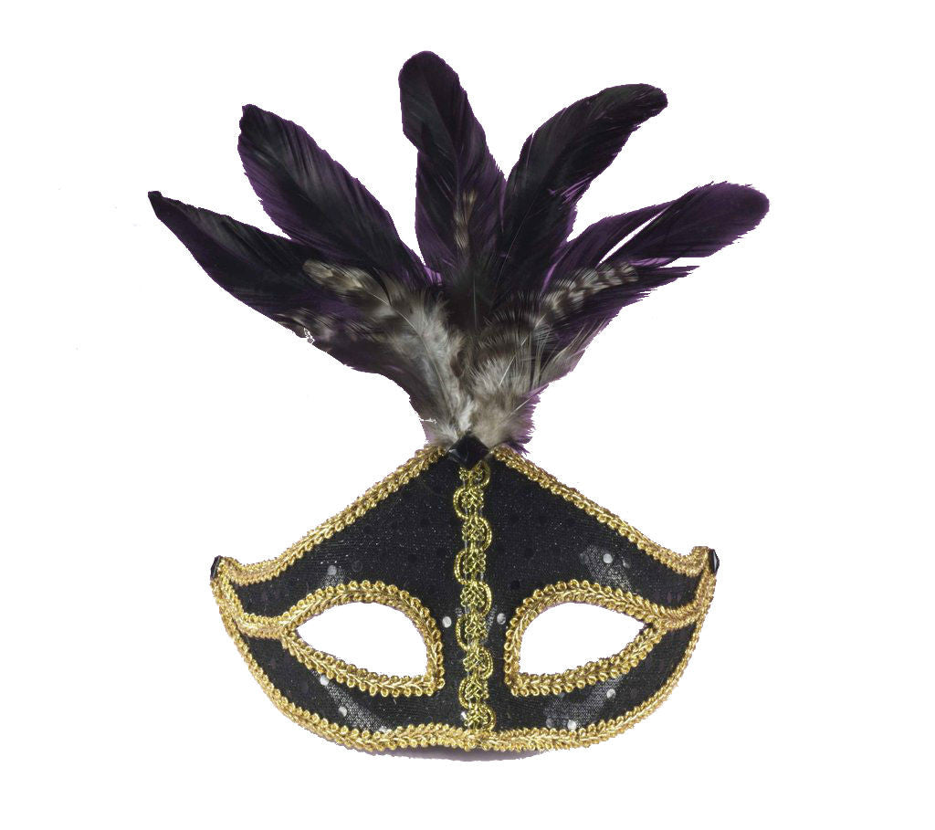 Black & Gold Venetian Mask With Feathers - Rubies Costumes & Accessories - HalloweenCostumes4U.com - Accessories