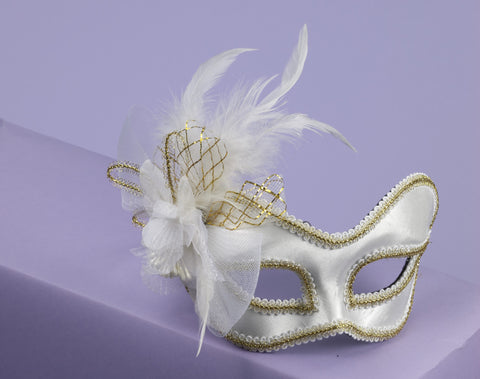 Mask W/Glass.Wht Satin W/Feath - Rubies Costumes & Accessories - HalloweenCostumes4U.com - Accessories