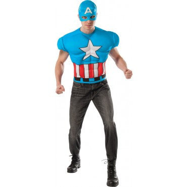 Mens Deluxe Captain America Muscle Chest Shirt & Mask - Rubies Costumes & Accessories - HalloweenCostumes4U.com - Adult Costumes