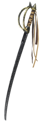 Deluxe Pirate Sword Costume Prop Weapon featuring  a dramatic curved cutlass‑style blade with a dark metallic finish and etched detailing along its length; designed with an ornate antique gold‑tone hand guard formed in a rounded loop shape for a classic swashbuckler profile; includes a textured handle wrapped in crisscrossed brown faux‑leather strips and finished with long trailing fabric tassels tied at the pommel, adding movement and visual flair