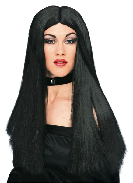 Long Witch or Vampira Wig features  a 24" long, sleek, straight long‑hair style that falls smoothly past the shoulders, designed with a subtle center part that frames the face evenly. Black is perfect for classic witches, vampiress looks, gothic queens, and characters inspired by Vampira, Cher, or Morticia‑style silhouettes.