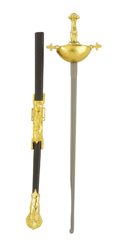 Musketeer Sword Features a classic rapier‑style design with a slender silver‑tone blade and a decorative swept‑hilt guard; finished with a textured black handle and subtle gold‑tone accents at the guard and pommel, creating a refined, old‑world silhouette inspired by traditional musketeer weapons
