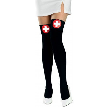 Nurse Thigh Highs which feature a pair of black thigh‑high stockings that runs from toe to upper thigh; each stocking is topped with a bold red cross symbol printed near the top band, creating an instantly recognizable medical‑themed accent